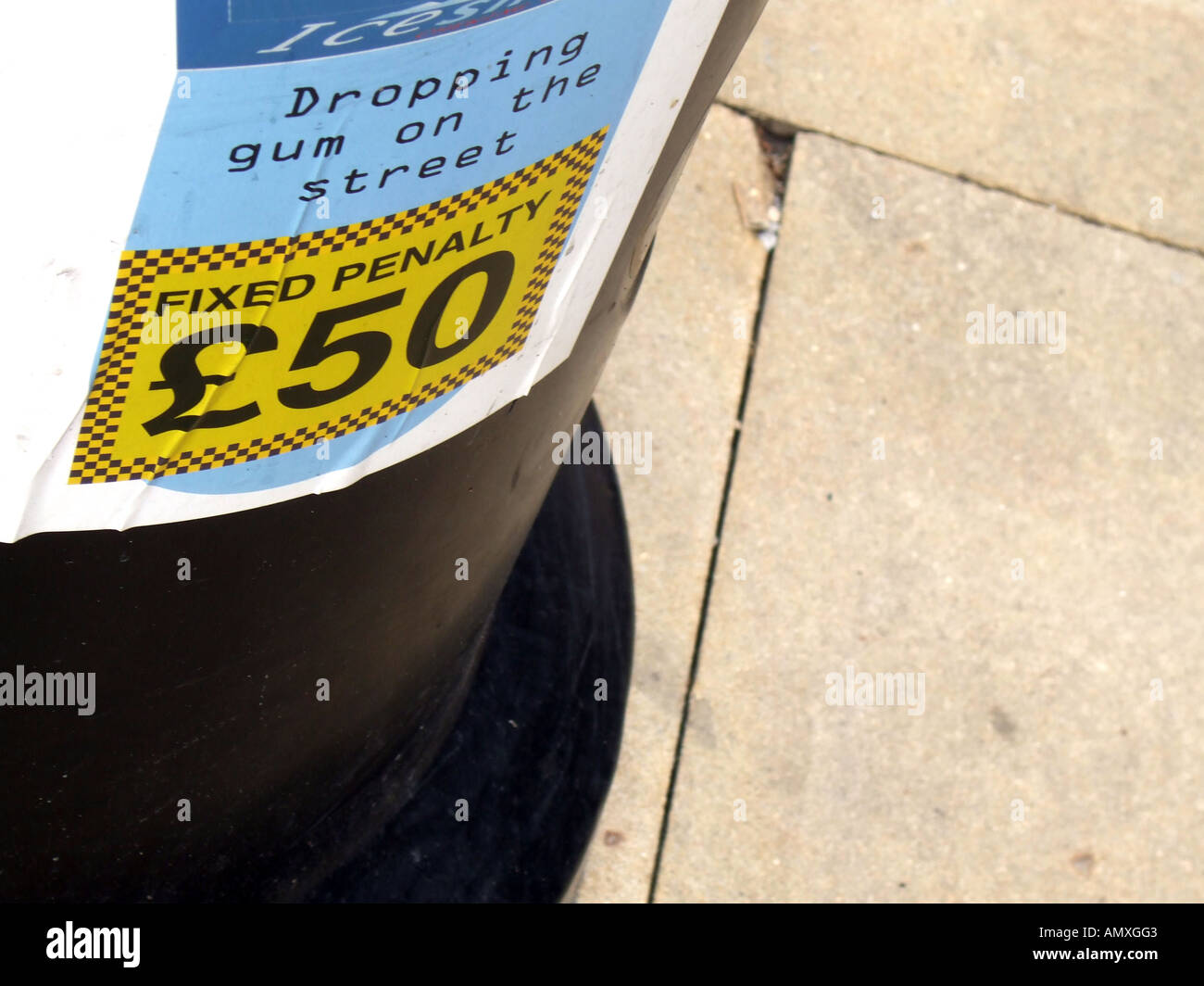 Warning on a litter bin of fine for dropping chewing gum, Britain UK