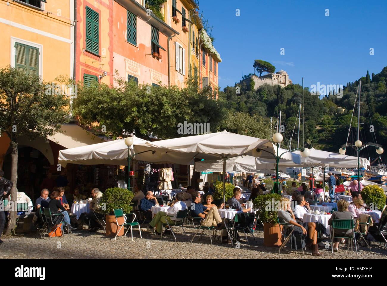 Cafe at harbor, Portofino, Genoa, Liguria, Ligurian Sea, Italy Stock ...