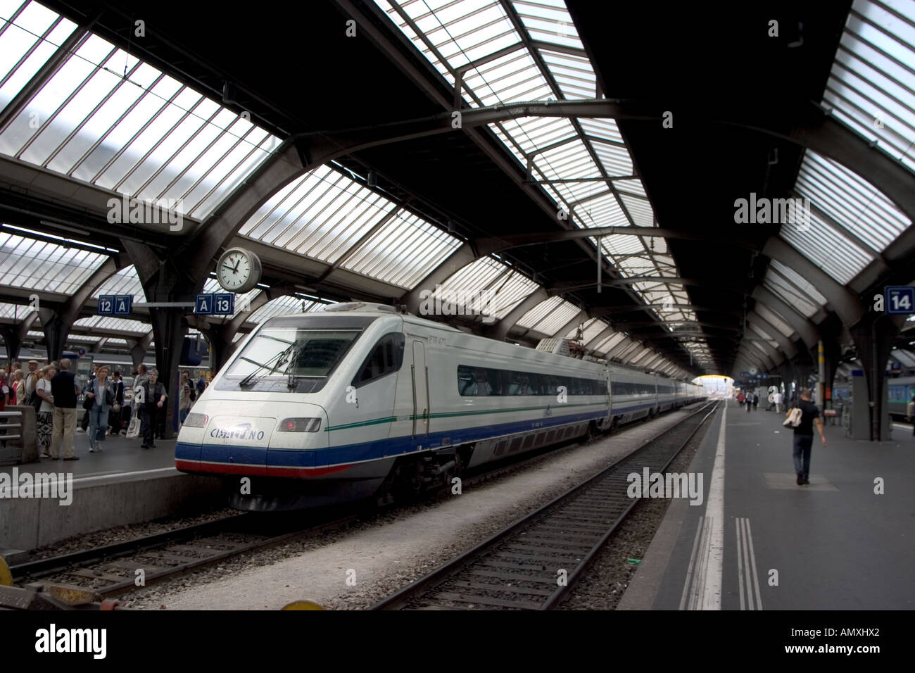 A sleek train is seen at the central train station in Zurich, Switzerland Stock Photo