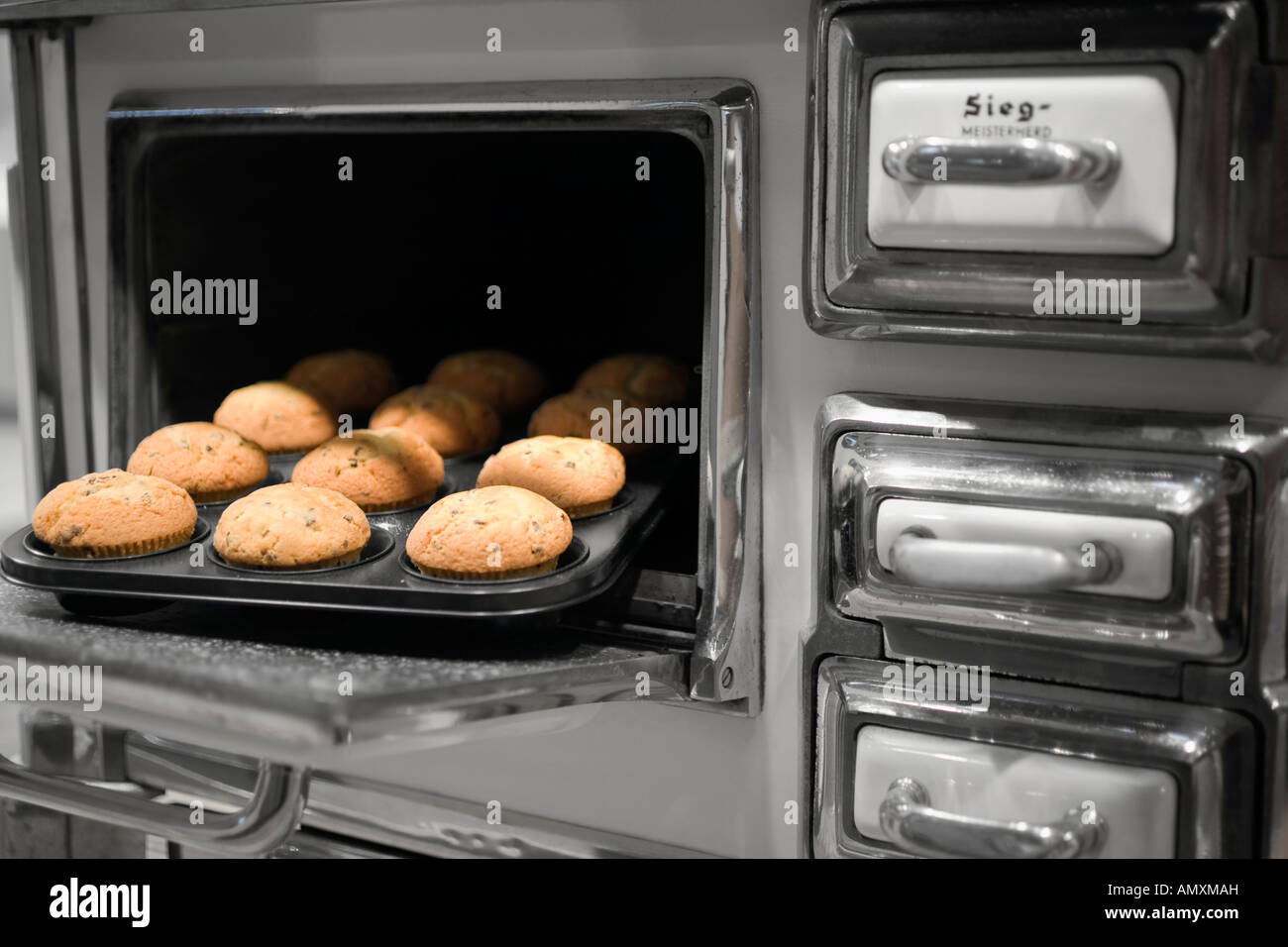 Muffins on baking tray in oven Stock Photo