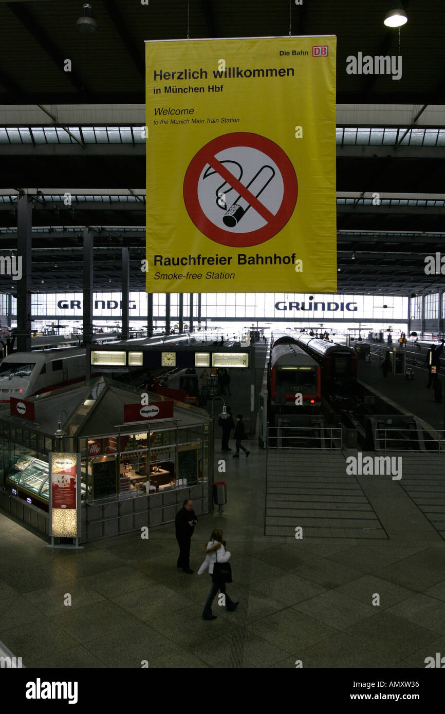 Munich DEU 21 02 2005 A bill with a non smoking sign hangs in the munich central station where it is forbidden to smoke  Stock Photo