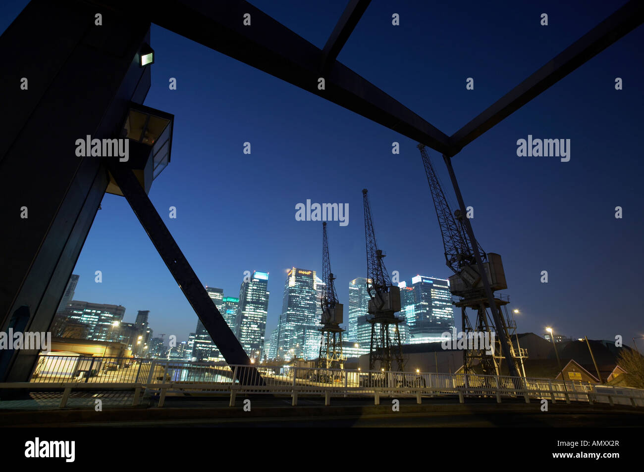 Canary Wharf docklands skyline with cranes london england uk night dusk ...
