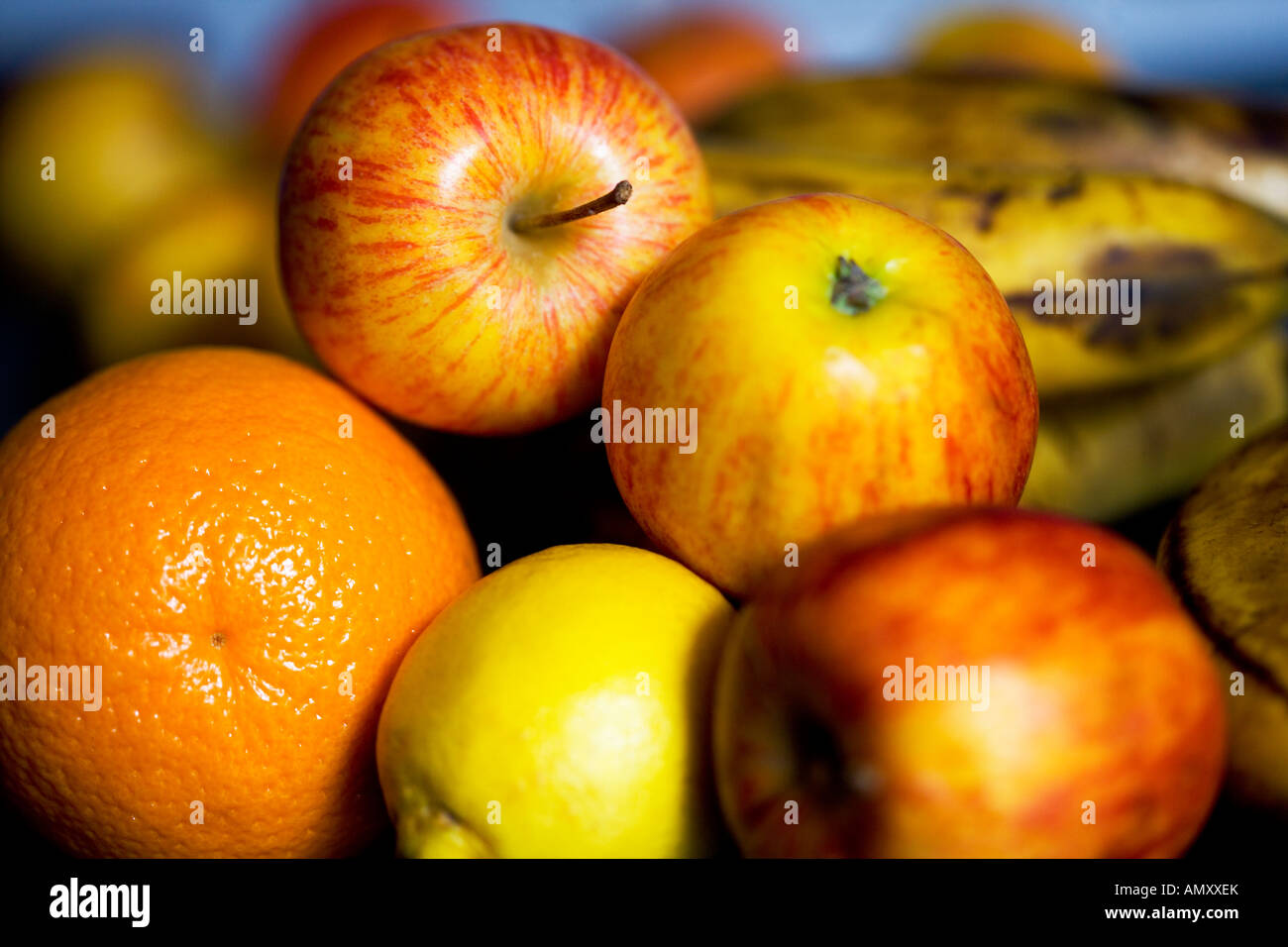 Apples orange Lemon and Bananas Stock Photo