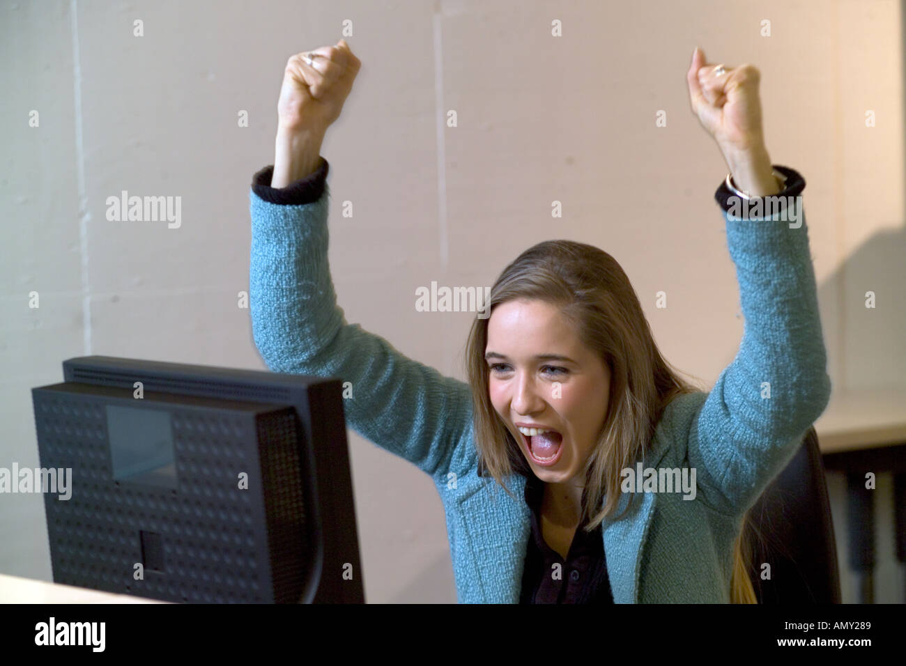 business woman cheering Stock Photo