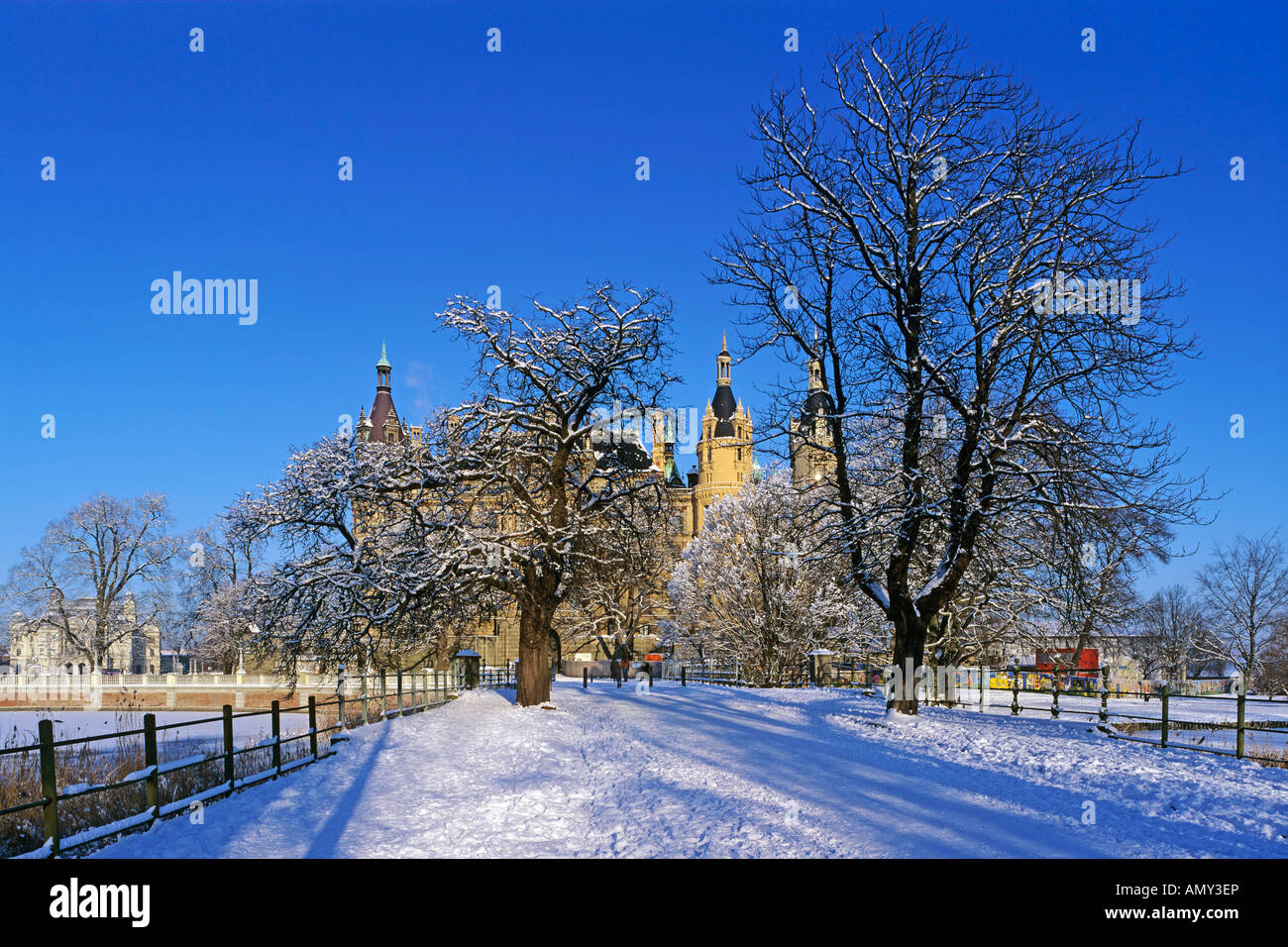 Trees in front of palace, Mecklenburg-Western Pomerania, Germany Stock Photo