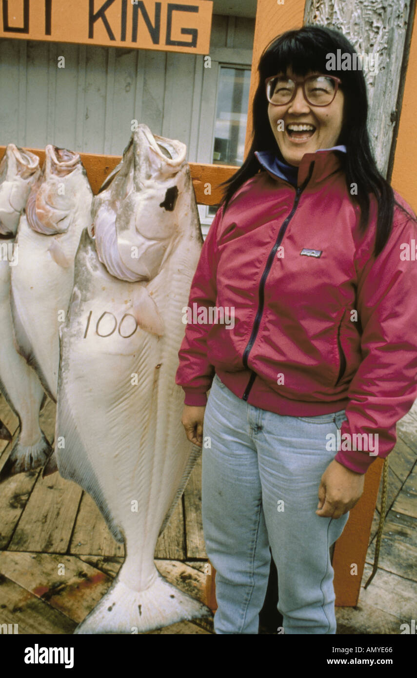 Woman Posing w 100 Pound Halibut Catch Homer Alaska Stock Photo Alamy