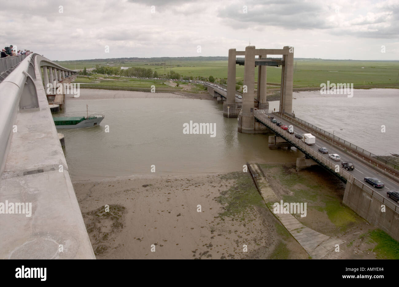 View from The Sheppey Crossing bridge towards the King's Ferry Bridge and Swale Stock Photo