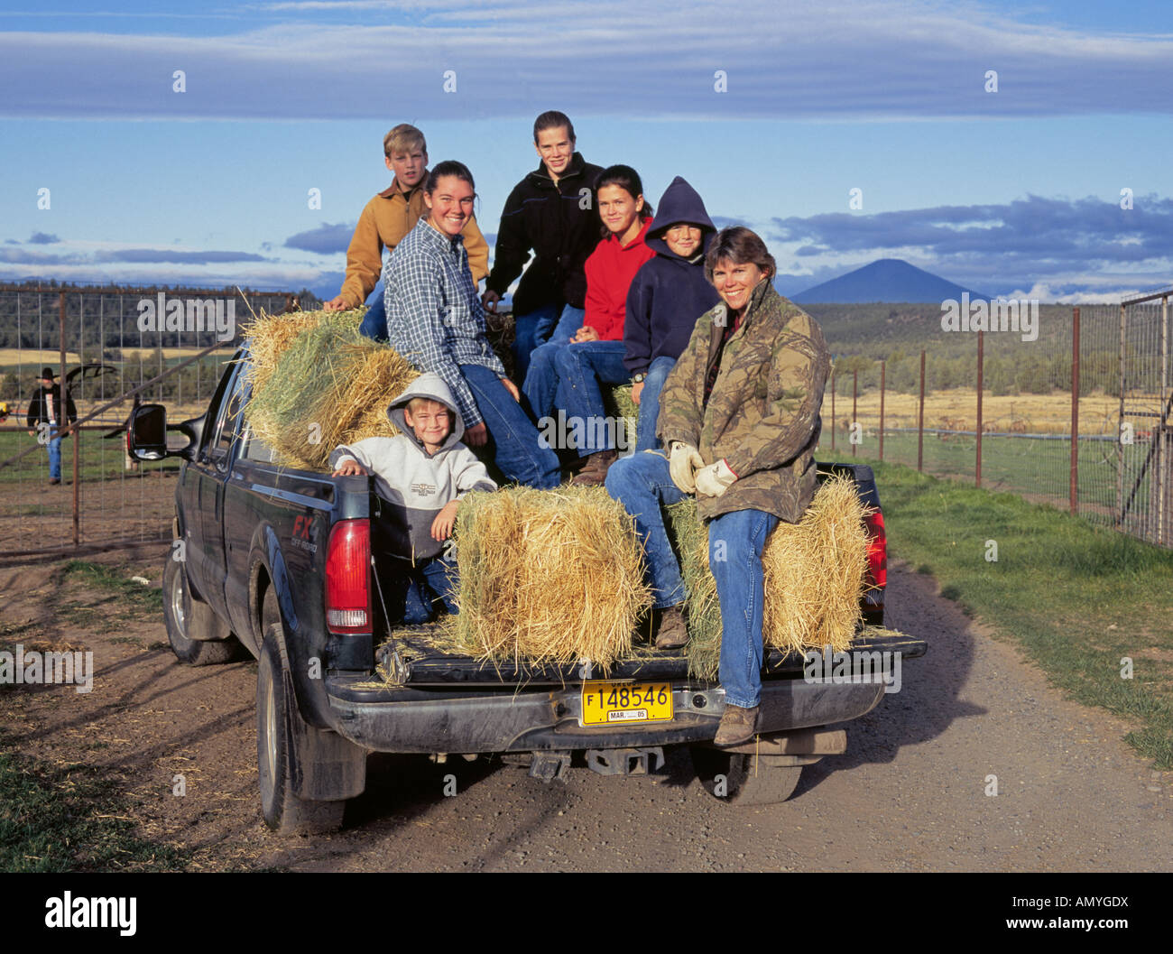 A ranch family rides in the back of a pickup truck to deliver hay to