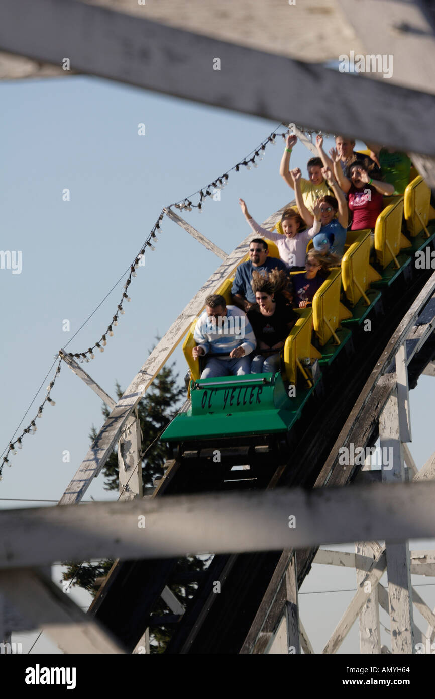 People riding the Ol Yeller roller coaster at the Puyallup Fair
