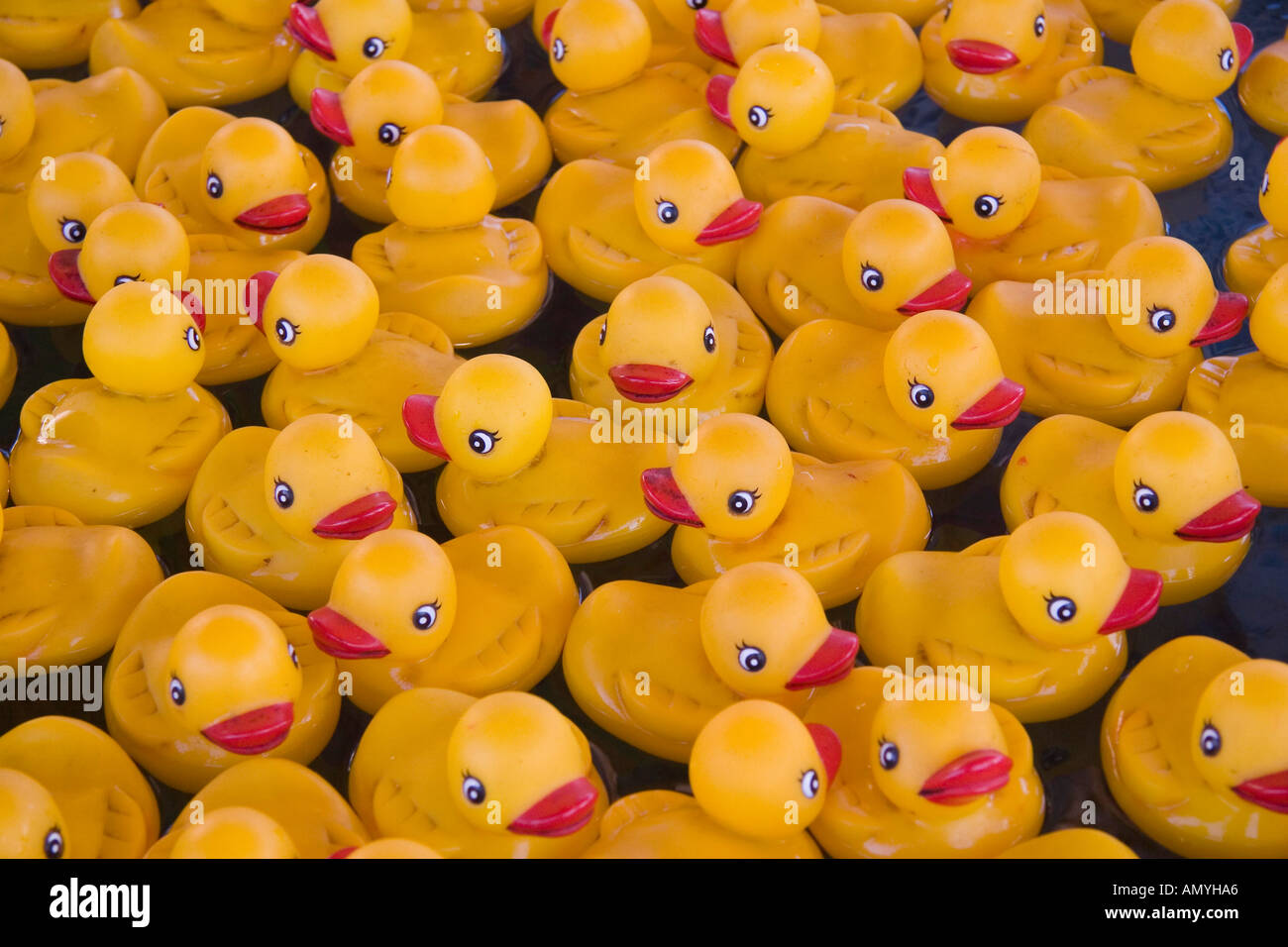 Flock of yellow rubber duckies in barrel filled with water on the