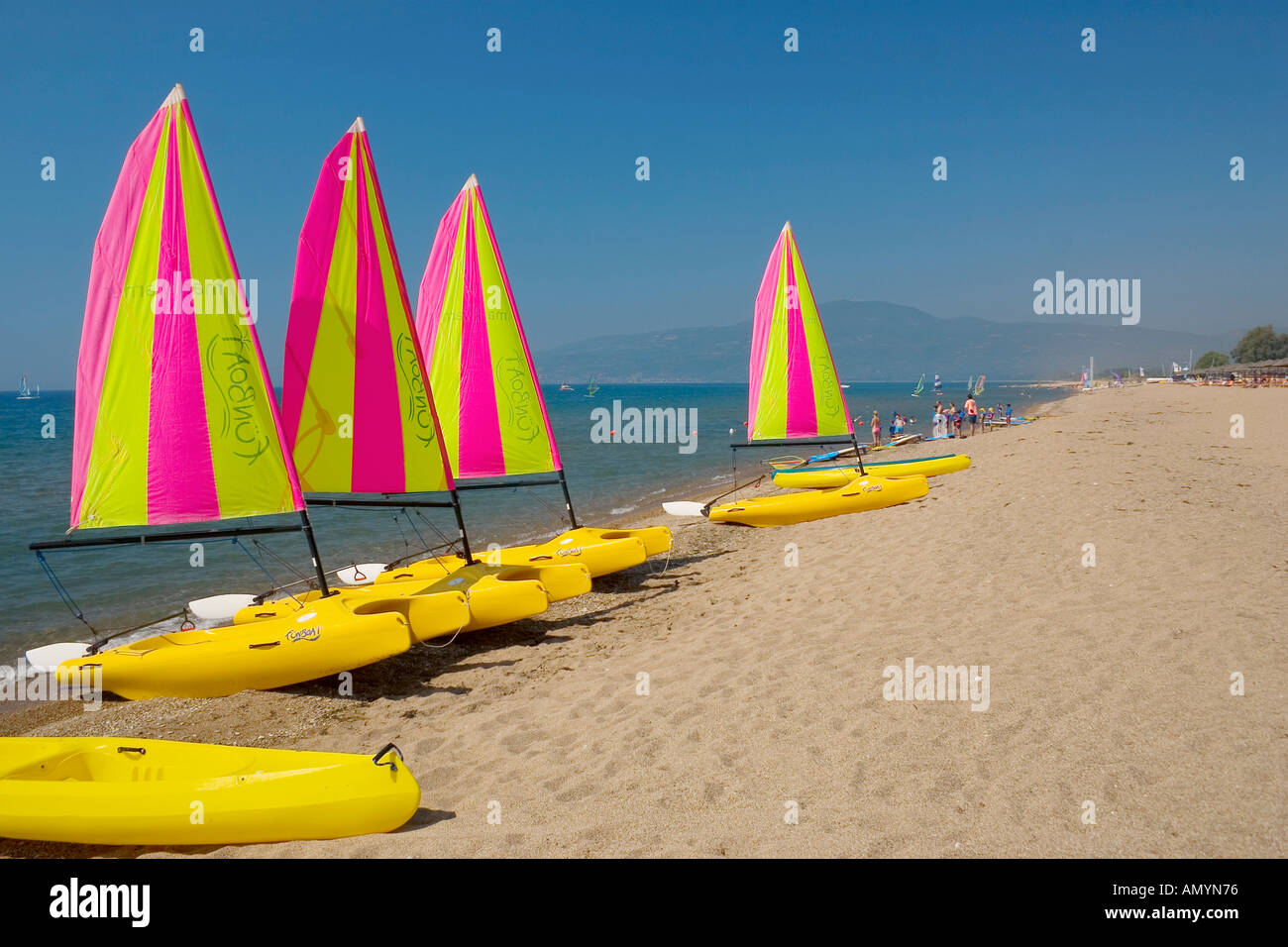 sailing boats club San Augustino Resort beach Peloponnese Greece Stock Photo