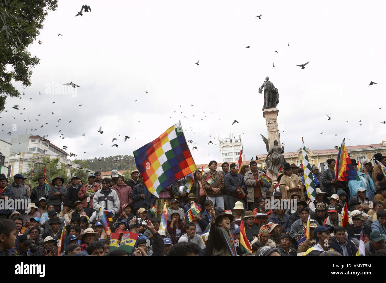 Supporters of president Evo Morales in Bolivia march to Plaza Murillo in La Paz to celebrate the new constitution. Stock Photo