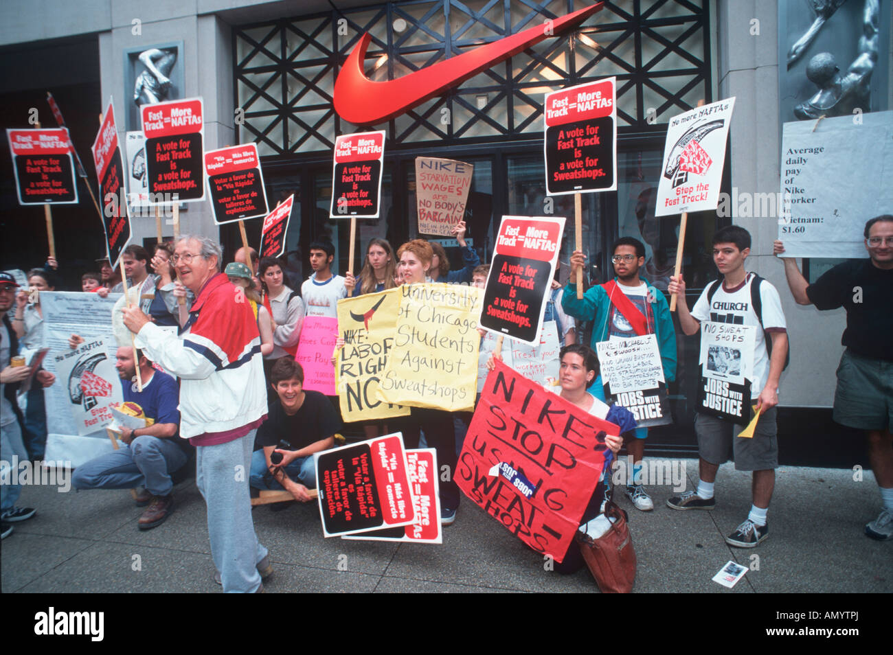 USA, Illinois, Chicago, Labor and Trade protest in front of Nike Town on  Michigan Avenue Stock Photo - Alamy