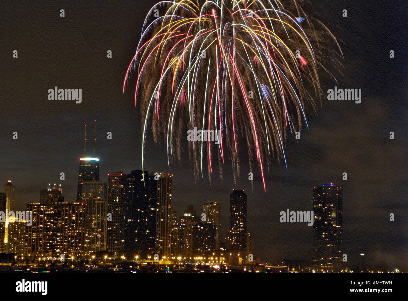USA, Illinois, Chicago, Fourth of July fireworks over Monroe Harbor
