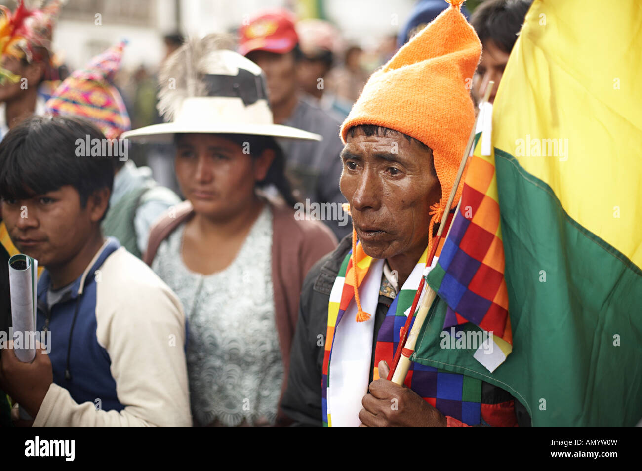 Supporters of president Evo Morales in Bolivia march to Plaza Murillo in La Paz to celebrate the new constitution. Stock Photo