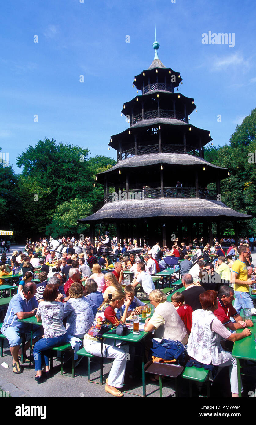 Germany Bavaria Munich people sitting at the Chinese Tower beer garden in the Englischer Garten Stock Photo