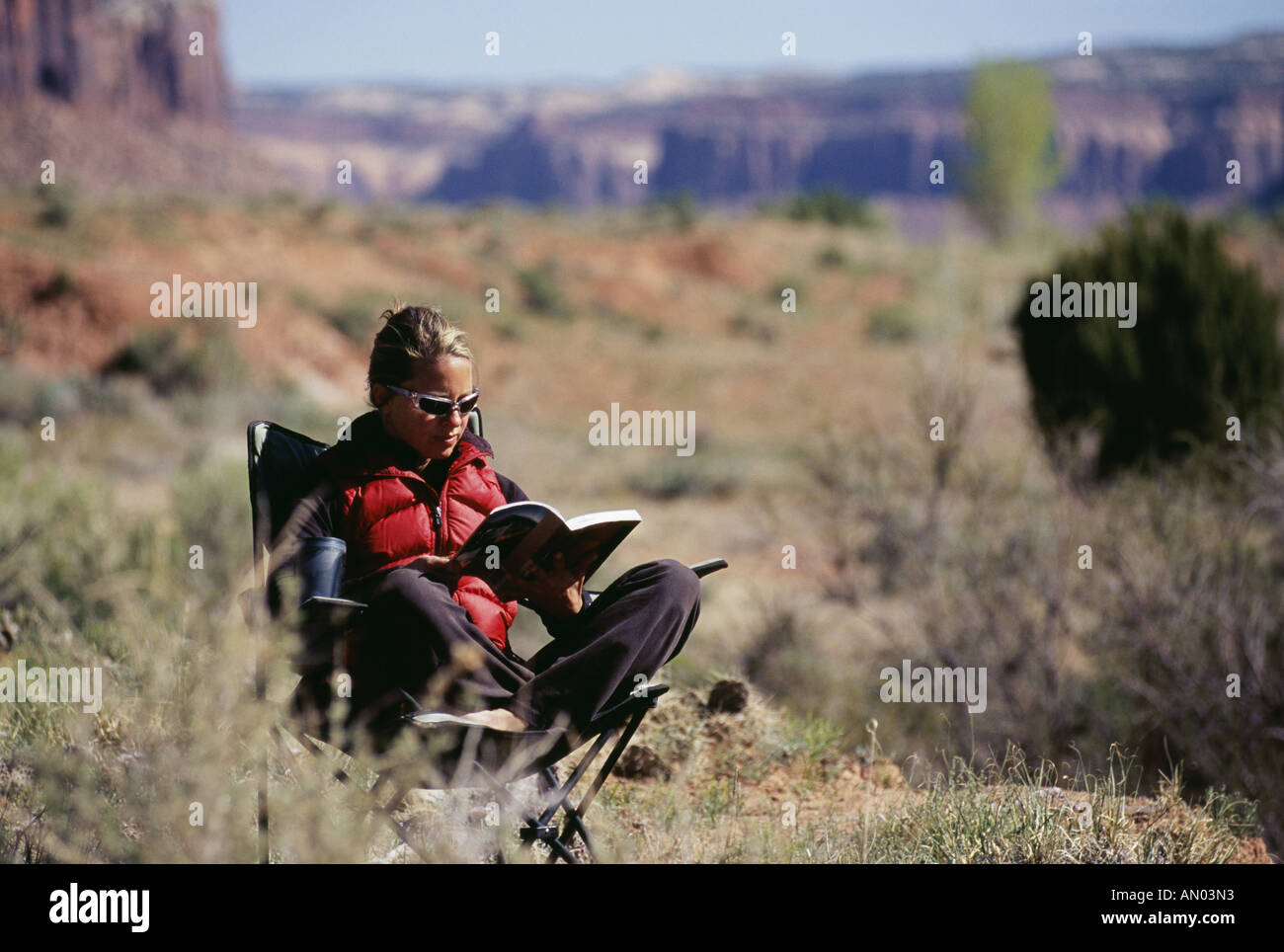 Young woman sitting on a chair and reading a book Stock Photo - Alamy