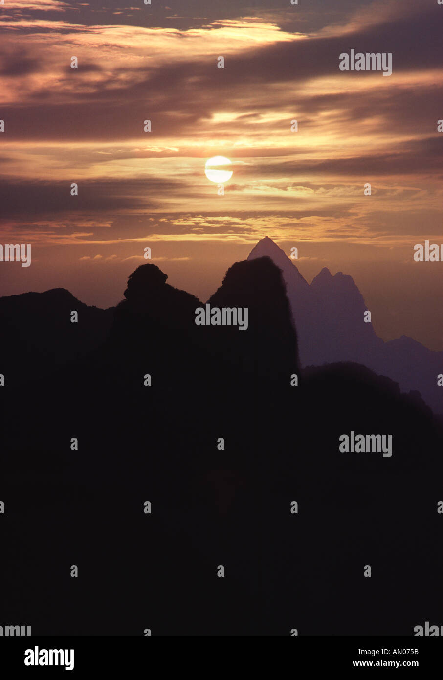 Sunset over Folded Brocade Hill Guilin China 2 Stock Photo