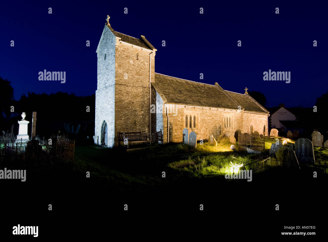 A floodlit St Illtyd's Church situated in Bleanau Gwent South Wales Stock Photo