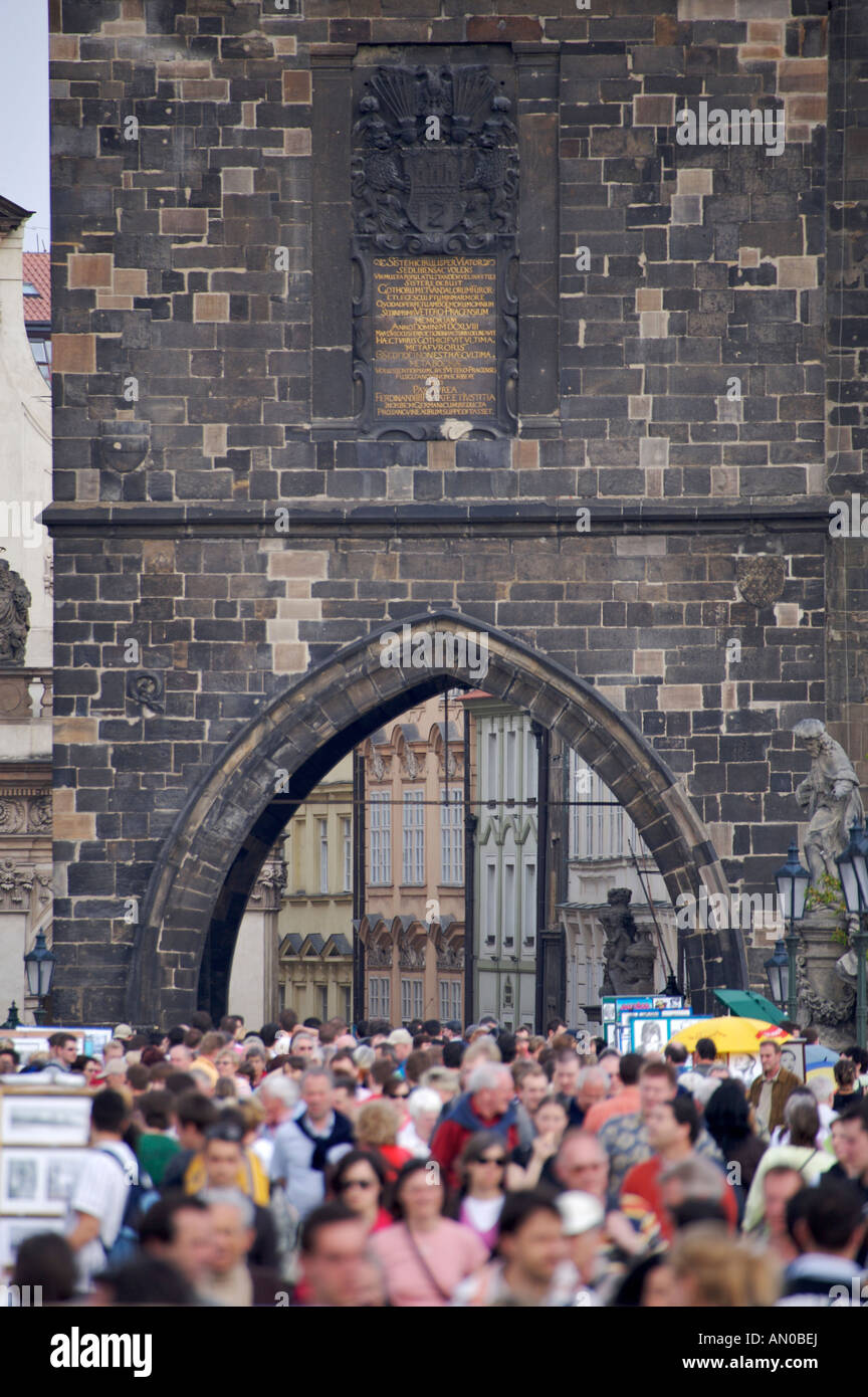 Vendors and Pedestrians on the historic Charles Bridge, Prague, Czech Republic, Europe. Stock Photo
