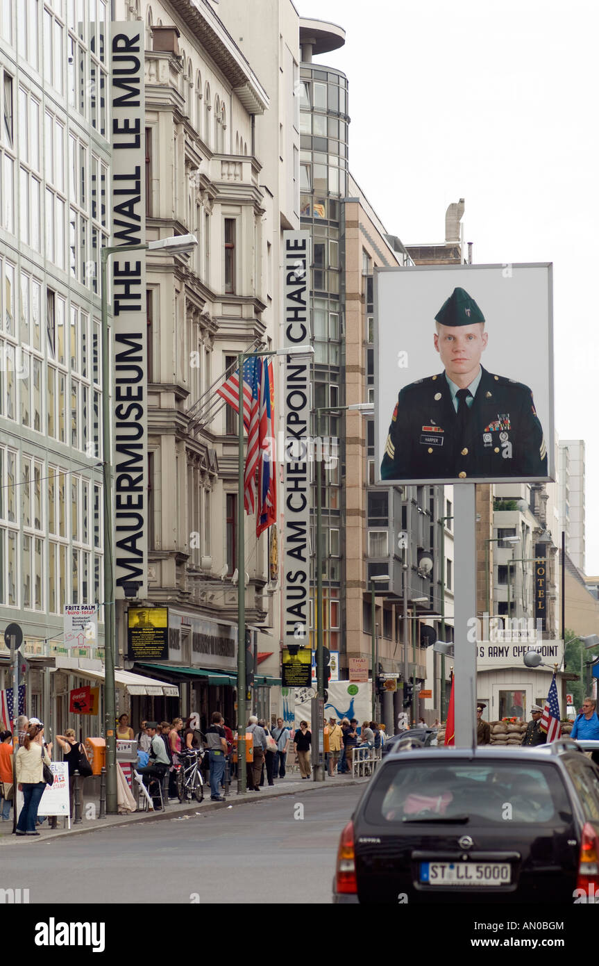The location of the old Checkpoint Charlie and the Berlin Wall Museum, Berlin, Germany. Stock Photo