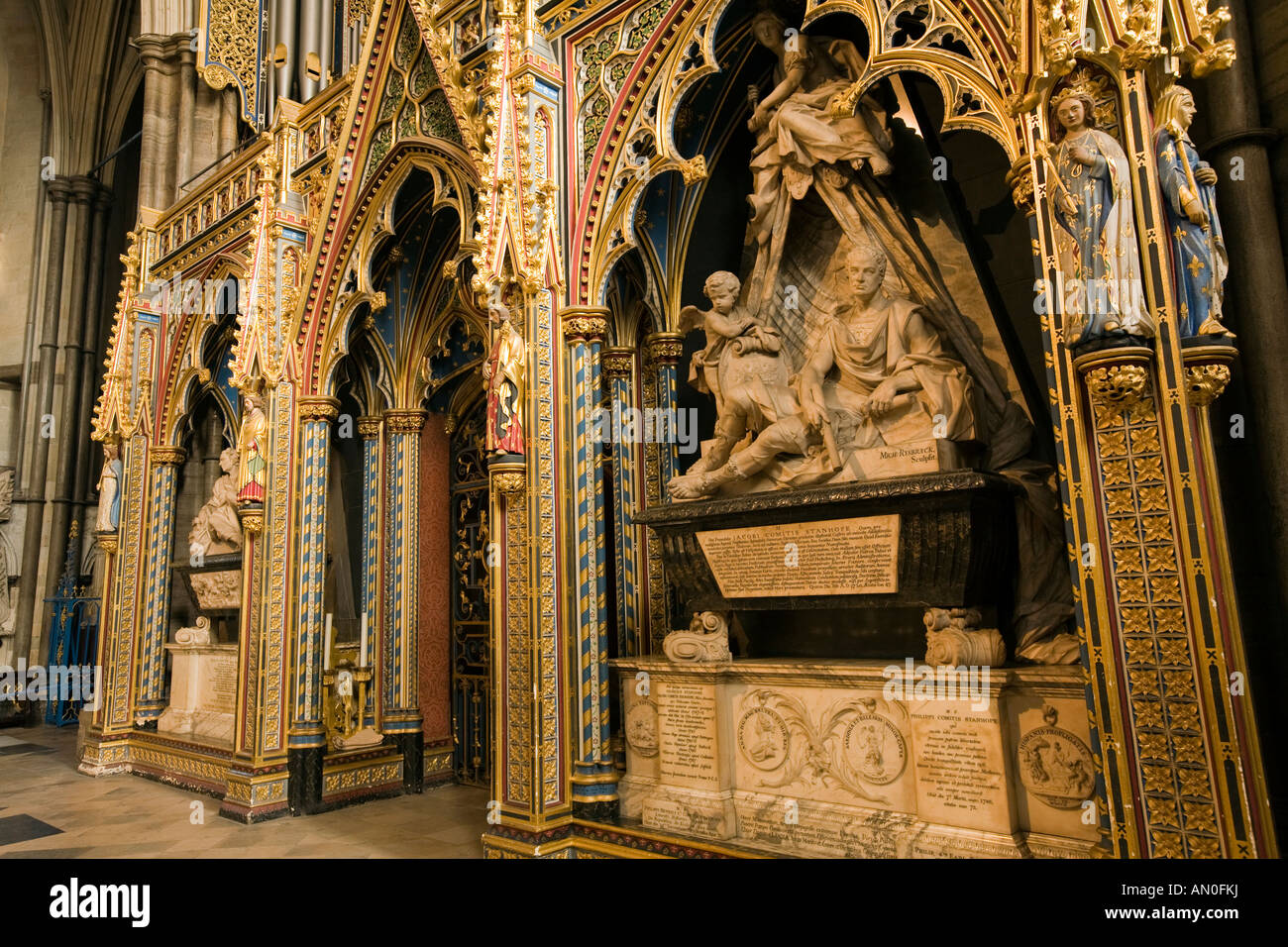 UK London Westminster Abbey nave scientists corner choir screen Izaac Newton George Stanhope monuments Stock Photo