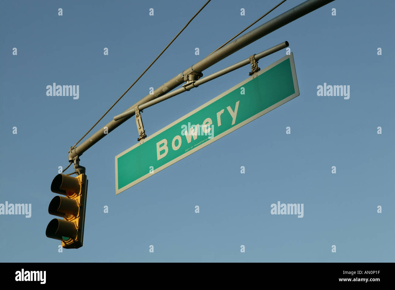 Bowery street sign and traffic light in New York USA June 2005 Stock Photo