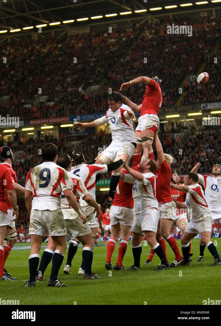 Fighting for possession in a lineout during the Wales England rugby union match at the Millennium Stadium on 17 March 2007 Stock Photo