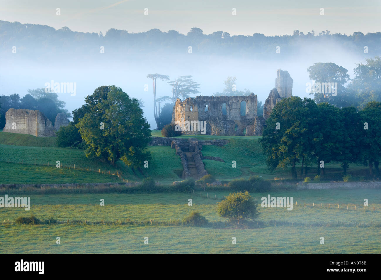 Old Sherborne Castle in the mist at dawn Sherborne Dorset England UK