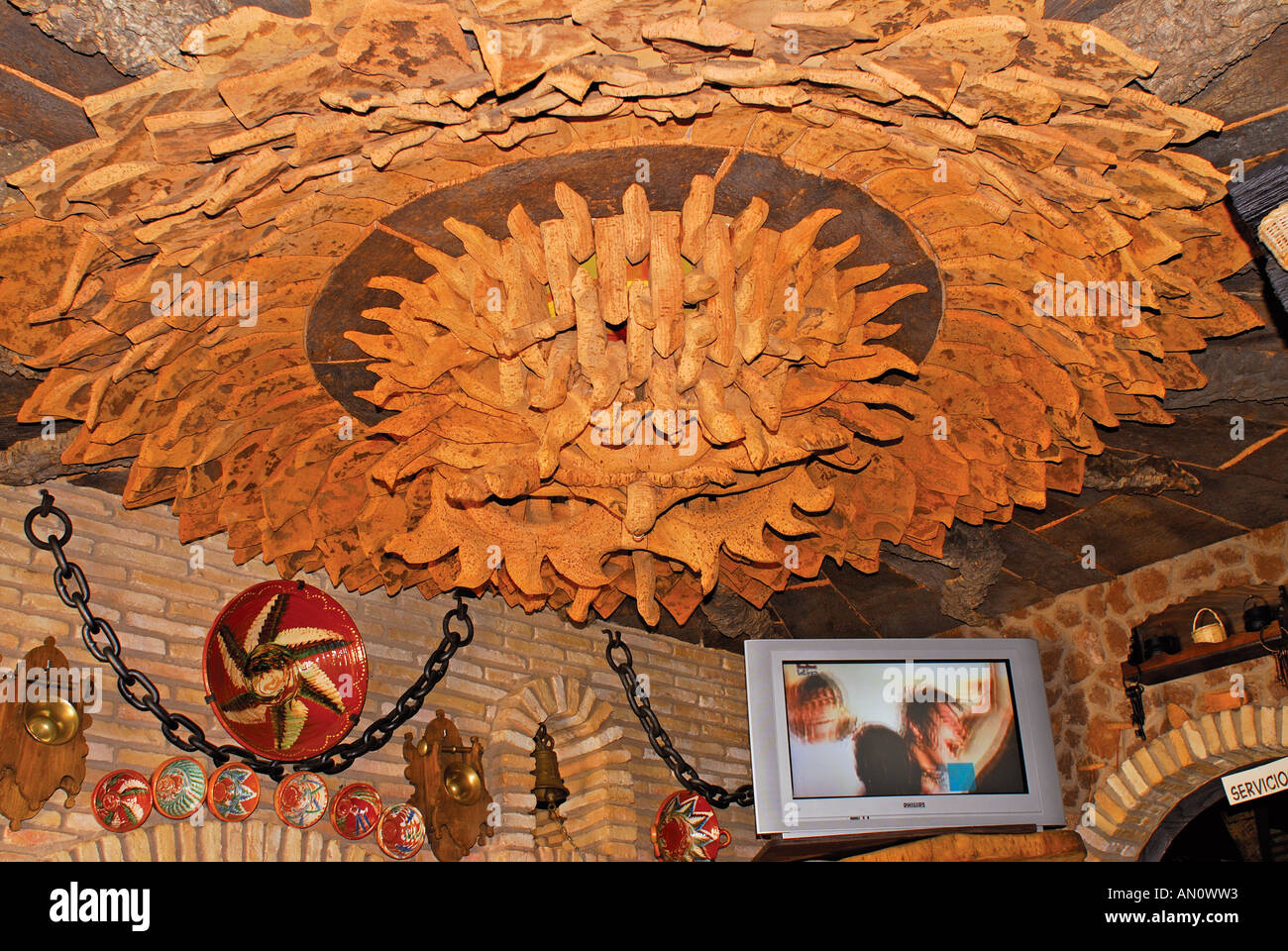 Cork decoration in the interior of the restaurant Meson el Corcho, Alajar, Sierra de Aracena, Andalusia, Spain Stock Photo