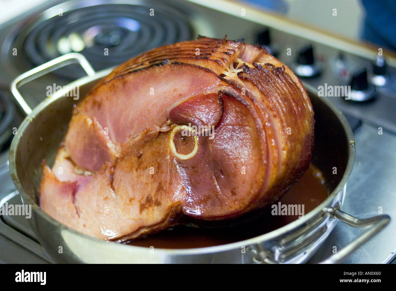 spiral cut honey glazed holiday ham Stock Photo