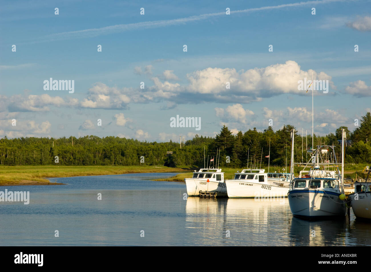 Boats anchored at the Salmon Beach wharf near the Chaleur Bay, New