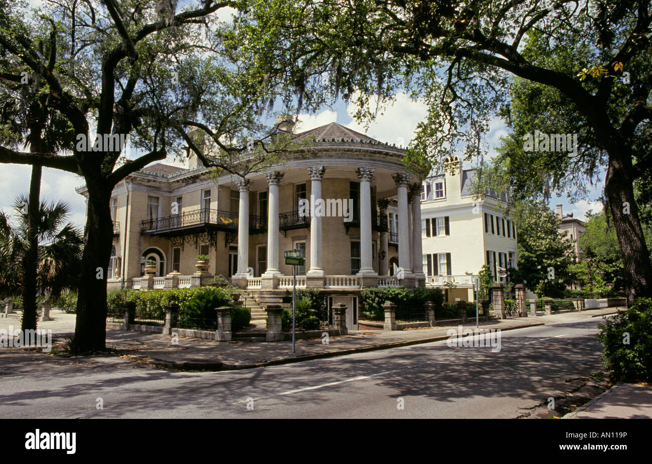 View of a large Antebellum mansion on a side street in Savannah