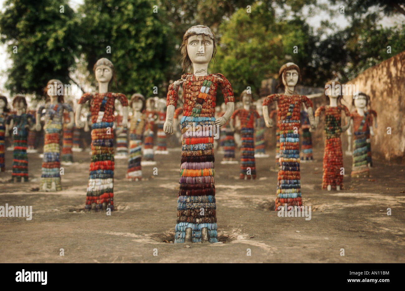 Rows of statues in rock garden at Chandigarh, Punjab, India Stock Photo