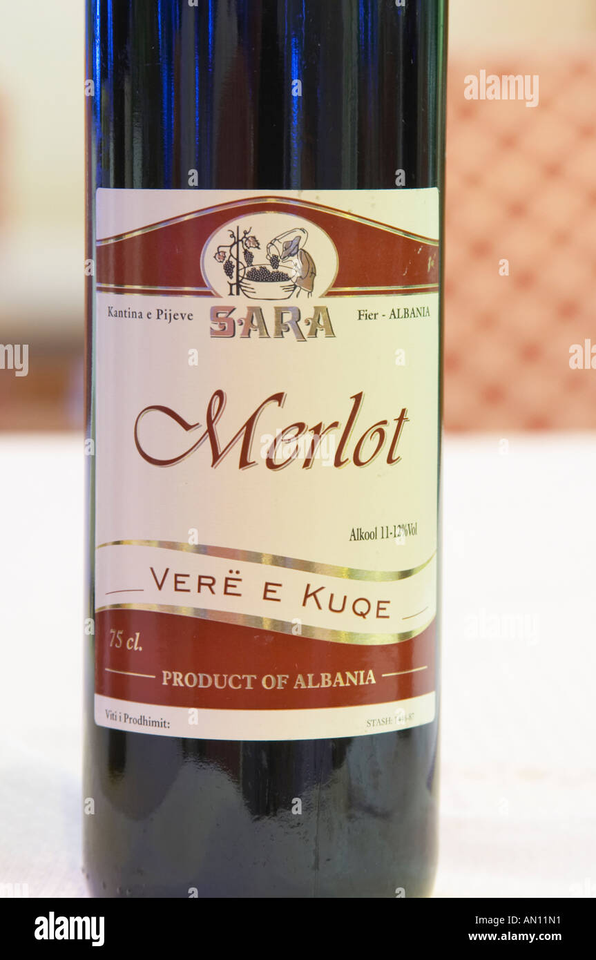 Bottle of Pijeve Sara Fier Merlot. Label detail. Tirana capital. Albania,  Balkan, Europe Stock Photo - Alamy