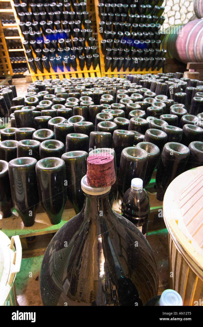 Bottles for sparkling wine standing upside down in a sort of pupitres ...
