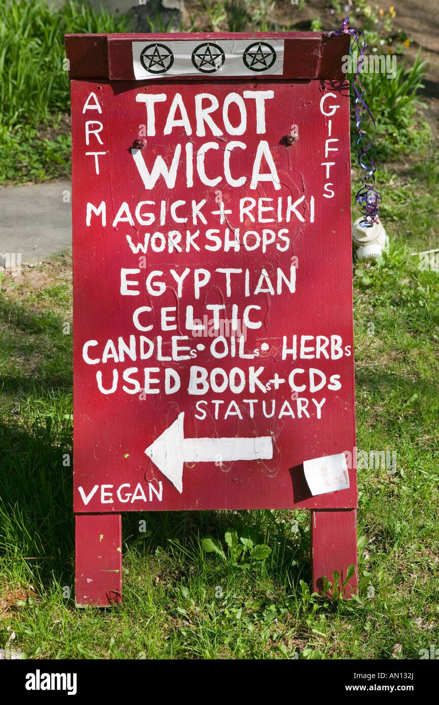 Sandwich board advertising tarot wicca art gifts new age merchandise Stock Photo