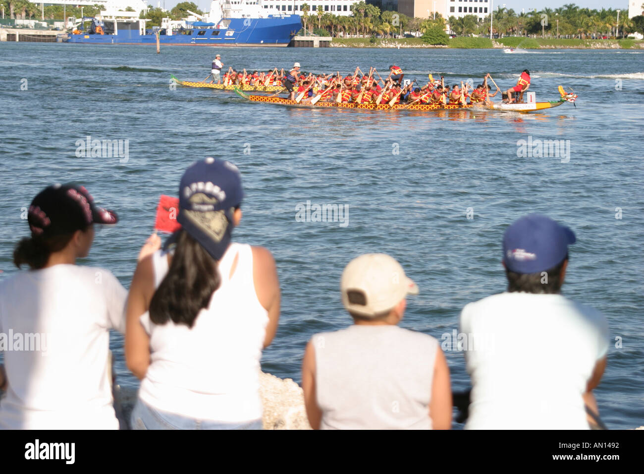 Miami Florida,Bayfront Park,Biscayne Bay water Hong Kong Dragon Boat Race Festival,festivals,celebration,fair,ethnic,event,community,neighbor,Asian As Stock Photo