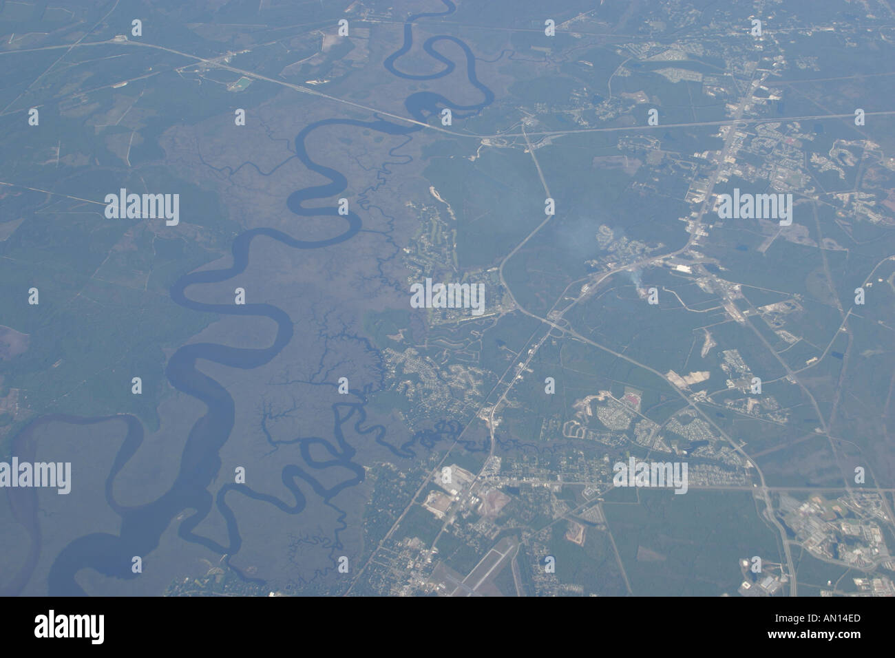 Florida St. Mary's River water,seen through window of American Airlines at 37,000 ft,visitors