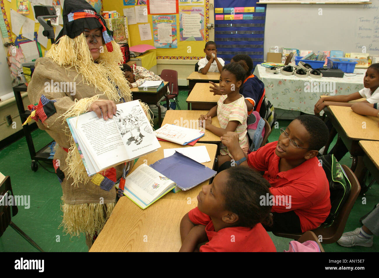 Miami Florida,Overtown,Frederick Douglass Elementary,teachers,dress,outfit,literary costume,reading,education,fictional character,reading,student stud Stock Photo