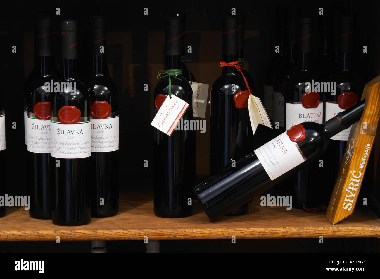 In the winery wine shop, display of various wines from the Vinastojic winery Zilavka 2003