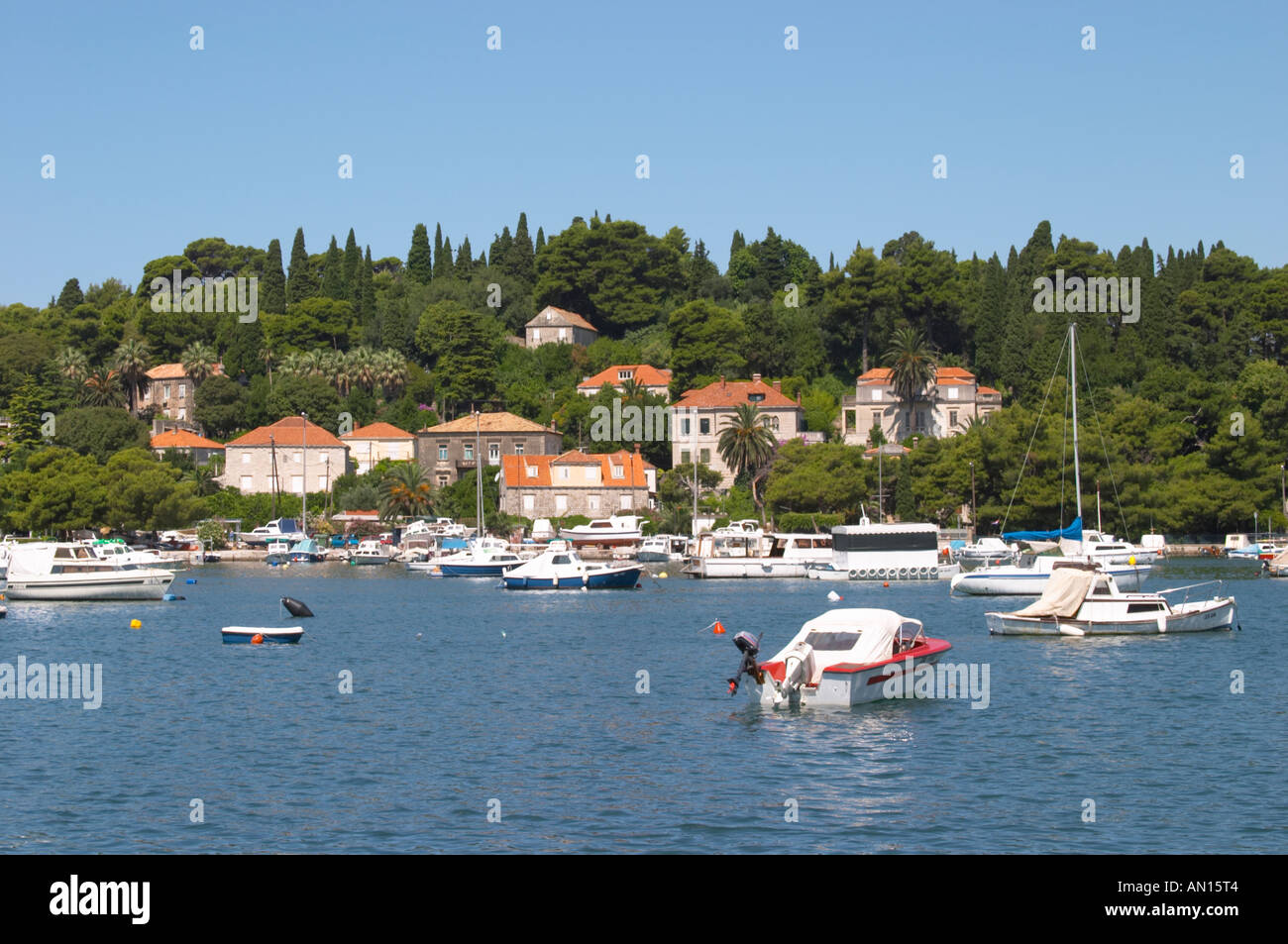 Pleasure boats moored on buoys and along the key, villas along the coast. Luka Gruz harbour. Dubrovnik, new city. Dalmatian Coast, Croatia, Europe. Stock Photo