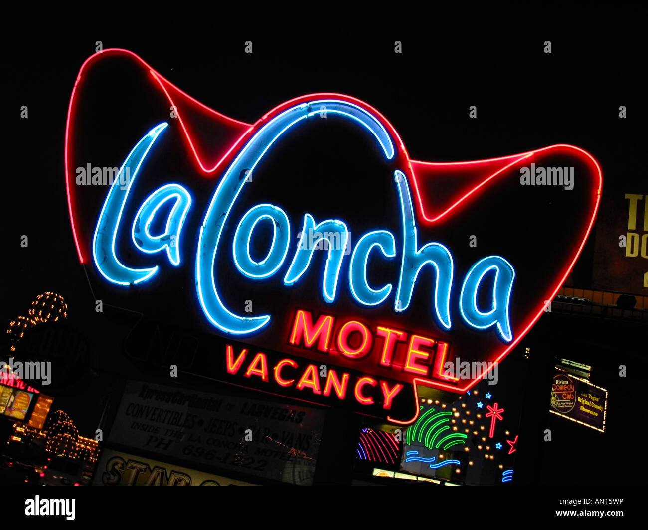 Usa Nevada Las Vegas La Concha Motel Nighttime Sign Stock Photo