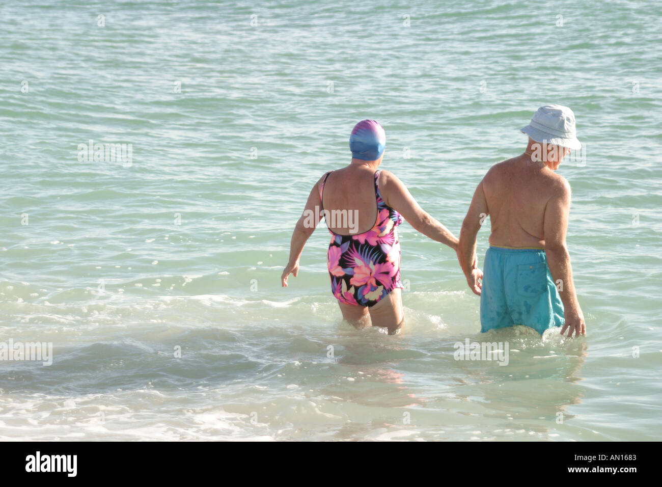 Miami Beach Florida,Atlantic Shore,shoreline,coast,coastline,seashore,senior seniors old citizen citizens pensioner pensioners retired elderly,couple, Stock Photo