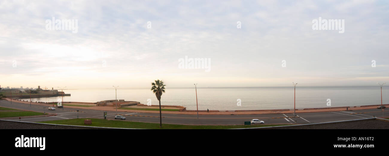 Panorama of the Rio de la Plata coast line Rambla Francia, Rambla Sur and Rambla Gran Bretana at dawn morning sunlight. Montevideo, Uruguay, South America Stock Photo
