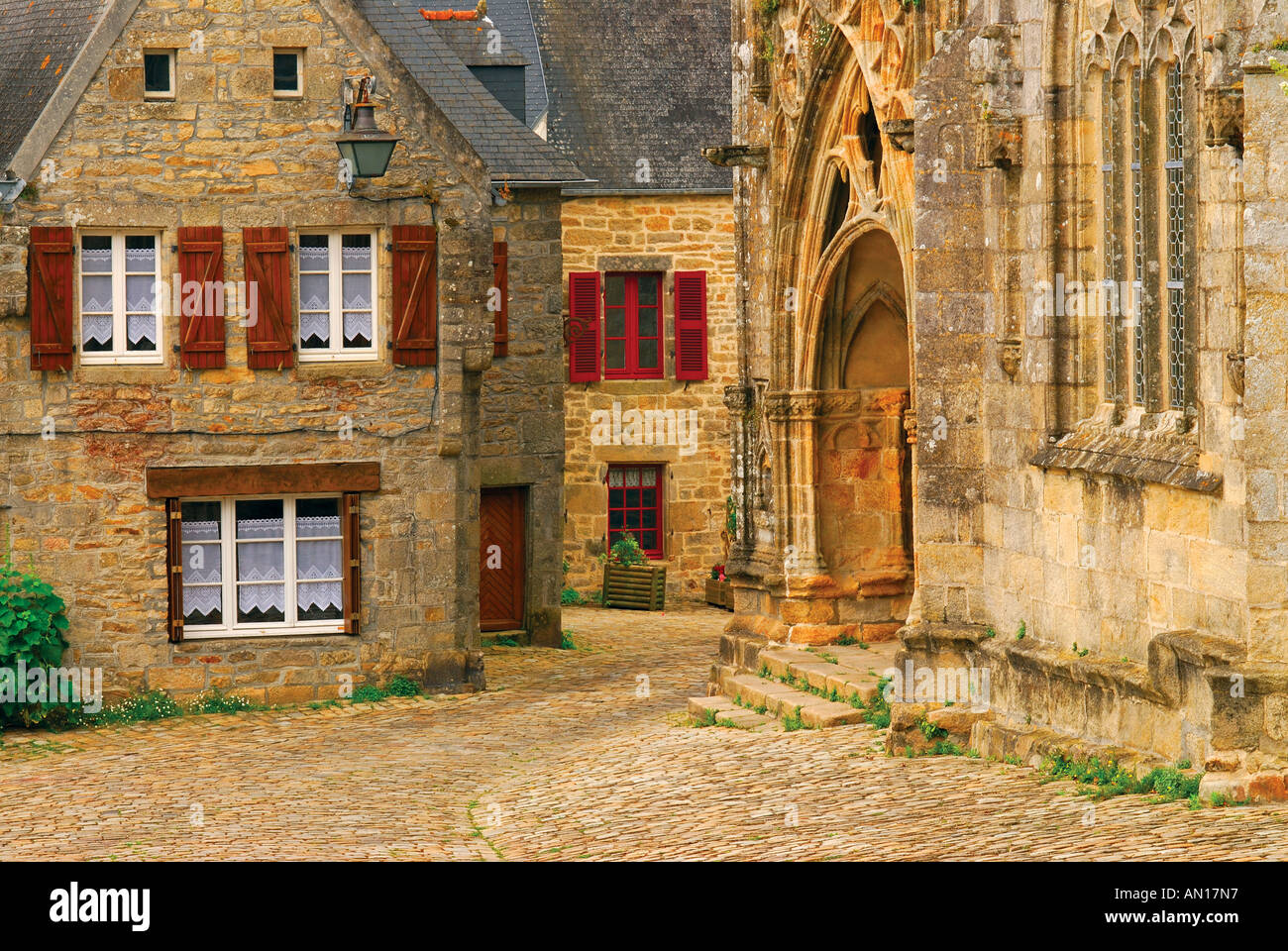 Church Notre Dame de Roscudon and historic centre, Point-Croix, Brittany, France Stock Photo