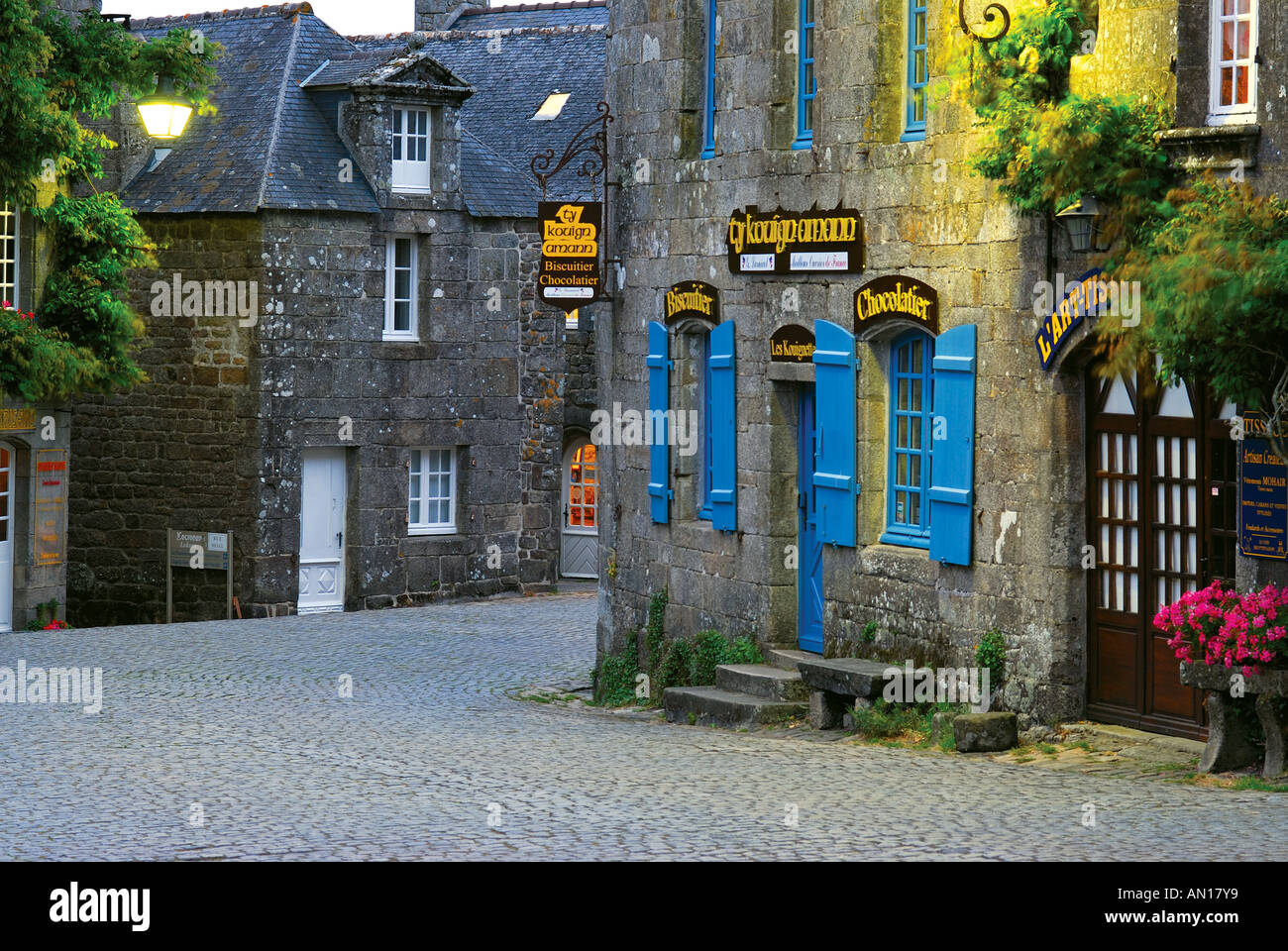 Historic and medieval centre of Locronan by night, Brittany, France Stock Photo