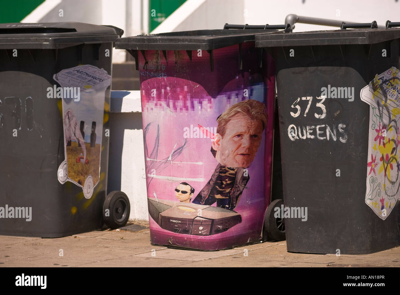 Council wheelie bin with picture of Michelin star celebrity chef Gordon Ramsay on it Stock Photo