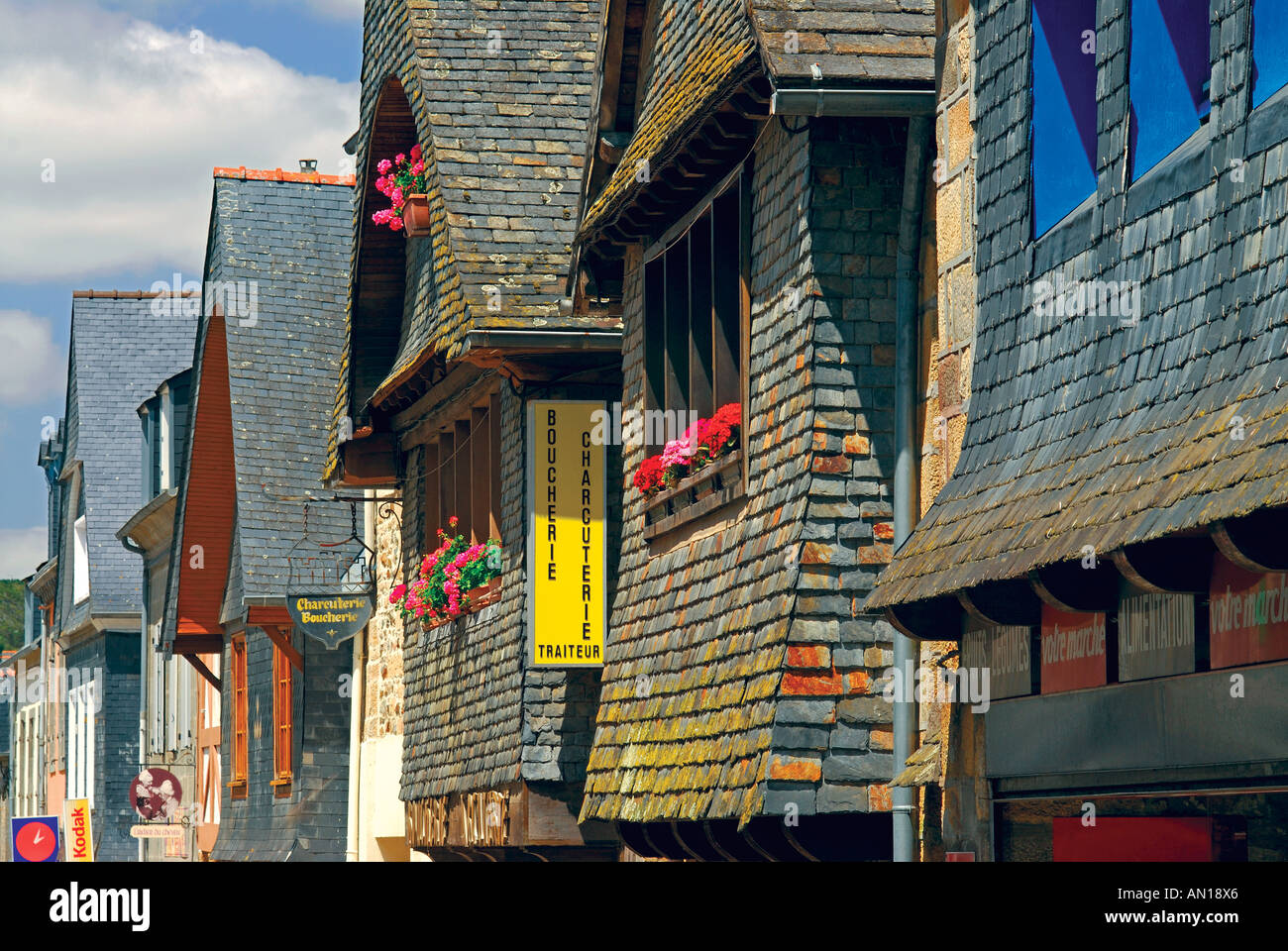 Traditional slate houses, La Faou, Brittany, France Stock Photo