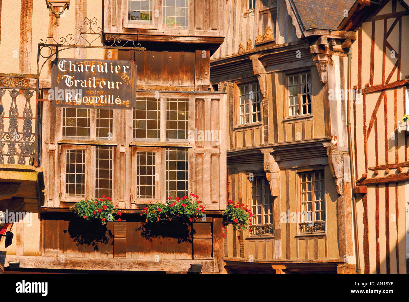 Historic half-timbered houses, Dinan,  Brittany, France Stock Photo